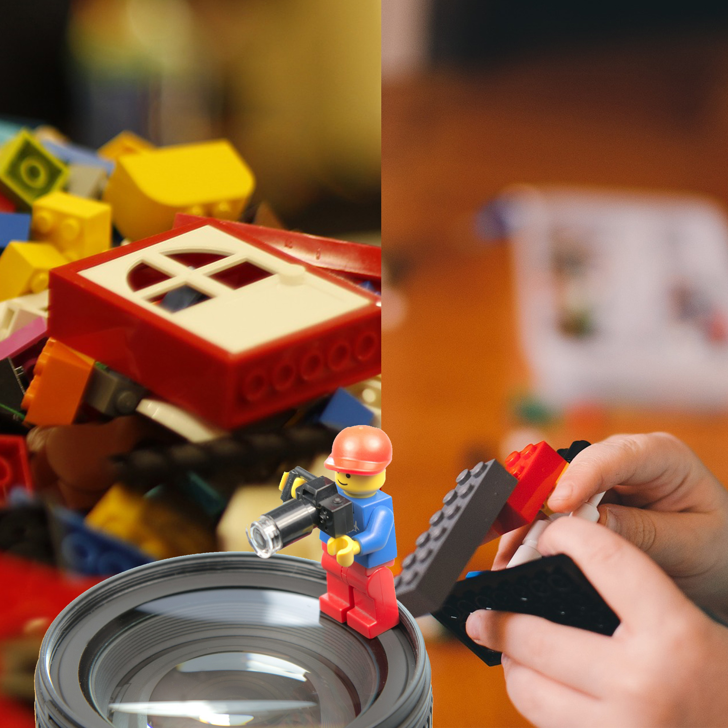 a child's hands playing with LEGO bricks and a LEGO figure on a camera lens
